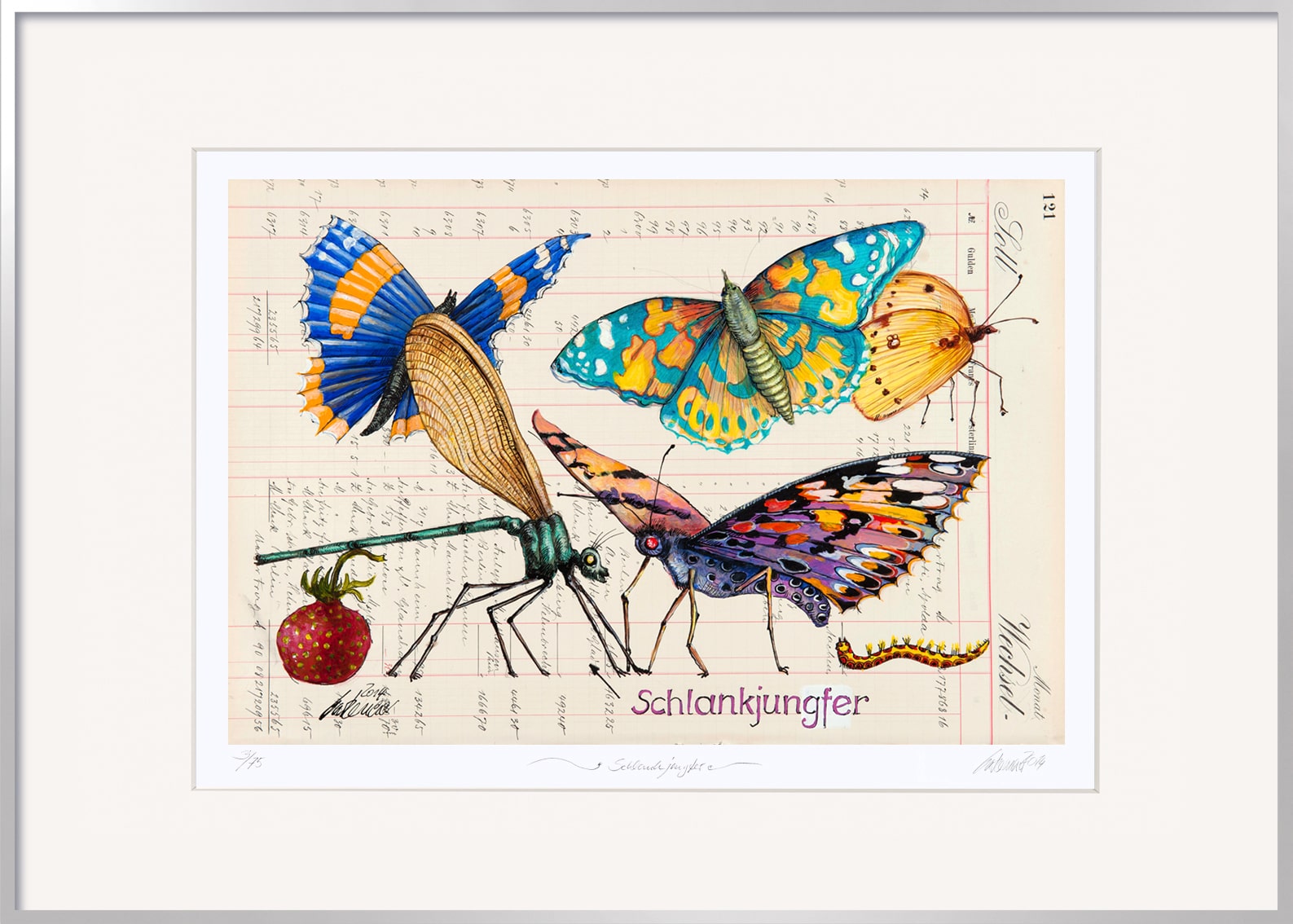 Schlankjungfer von Thomas Gatzemeier – humorvolle Libellenkunst als Kunstgeschenk für Frauen, limitierte Grafik mit Passepartout und Alurahmen silber.