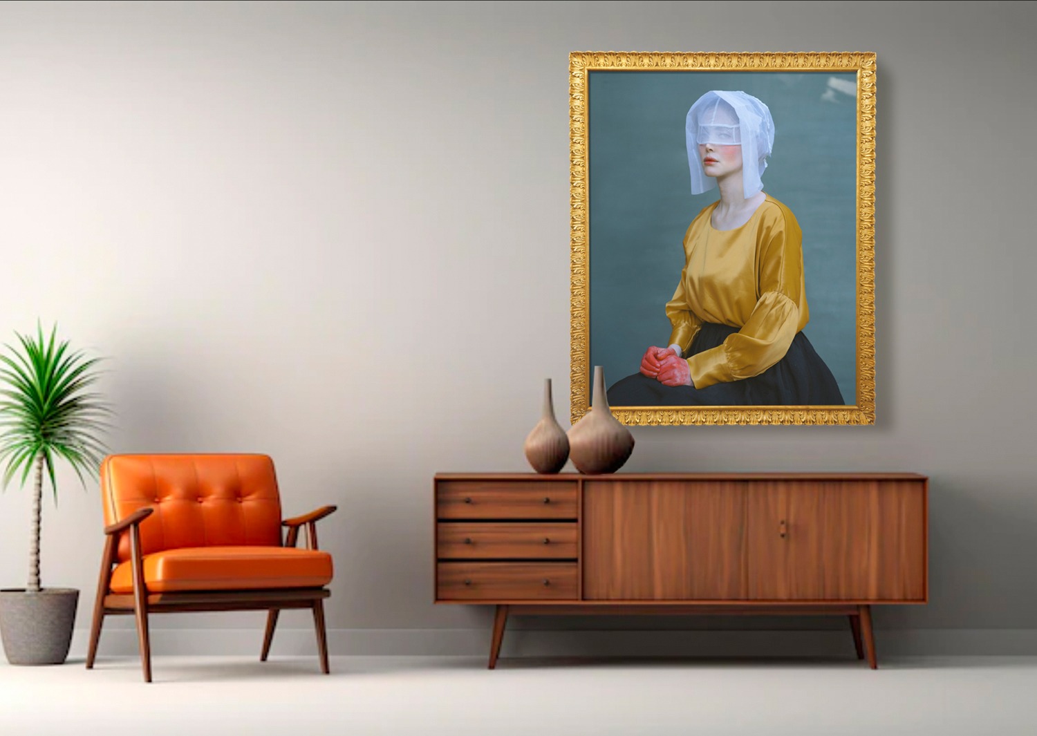 Raumansicht mit gerahmter Fotografie „Confidential“ von Somy Samani, großformatiges Kunstwerk im goldfarbenen Rahmen an einer Wohnraumwand über einem Sideboard