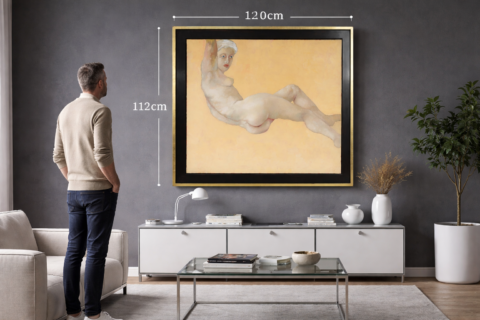 Das Bild Liegende von Pontormo in einem Raum mit einer Figur.