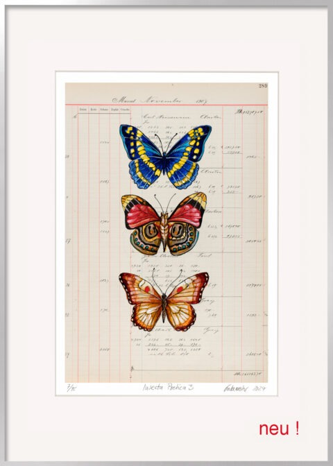 Große Schmetterlingsgrafik Insecta Poetica 3 von Thomas Gatzemeier mit drei farbigen Faltern auf historischem Kontoblatt, modernes Naturkunstwerk.