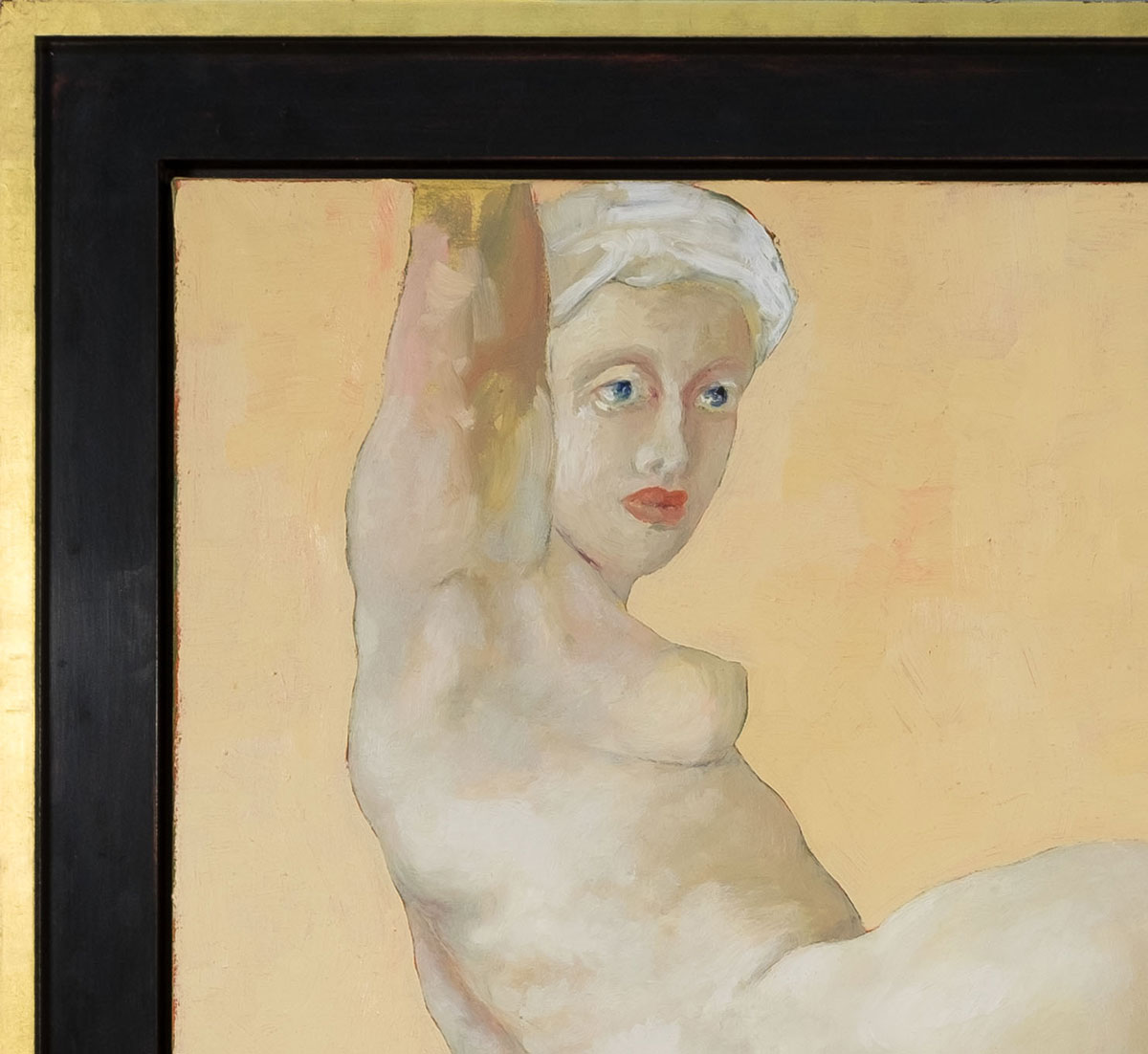 Detailansicht des Kopfes und Oberkörpers einer liegenden weiblichen Aktfigur, Ölmalerei von Thomas Gatzemeier nach Pontormo, 2000, mit blassem Inkarnat, hellem Haar und ruhigem, seitlich gerichtetem Blick vor warmem Hintergrund