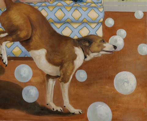 Detail Gemälde mit Hund und schwebenden Kugeln, Hund in Bewegung zwischen realem Raum und surrealer Traumdarstellung