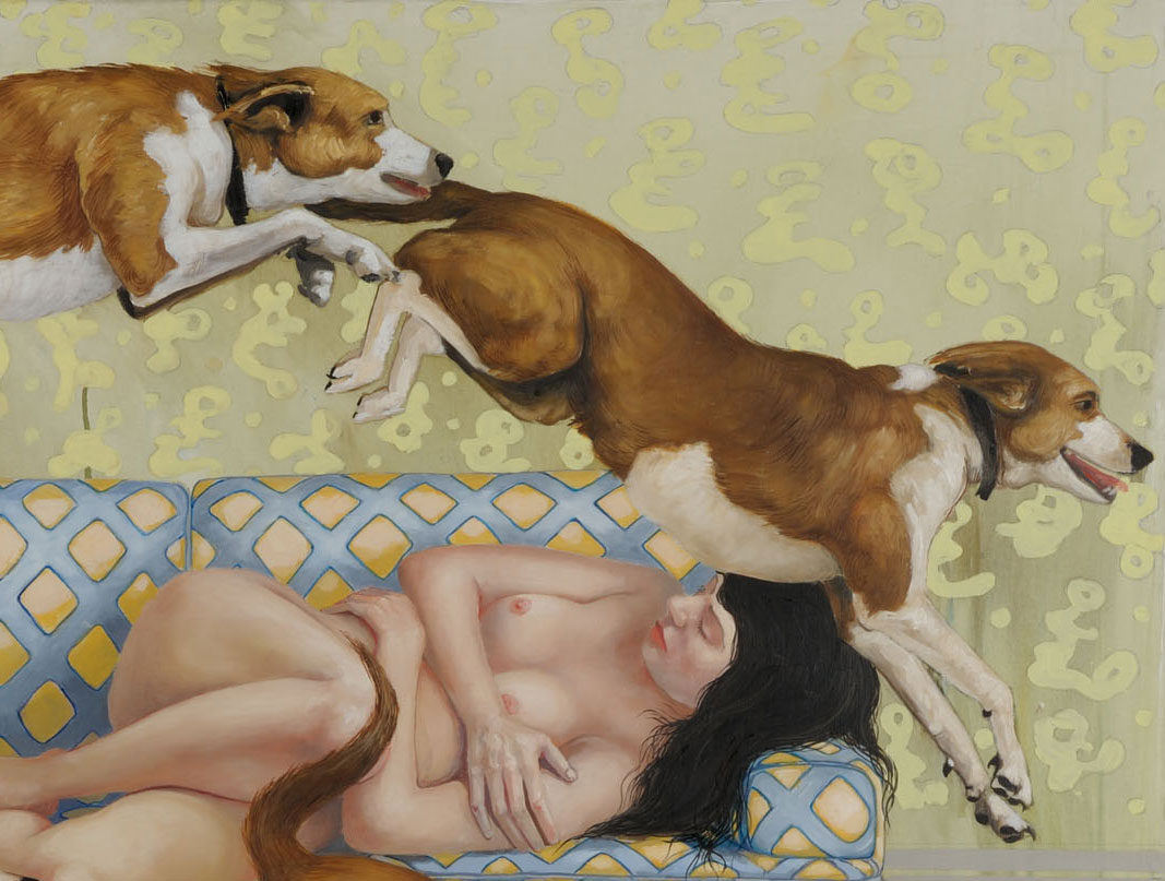 Detail aus Gemälde mit Hunden: Zwei Hunde springen übereinander über eine liegende Frau auf einem Sofa, surreale Bewegungsszene in figurativer Malerei