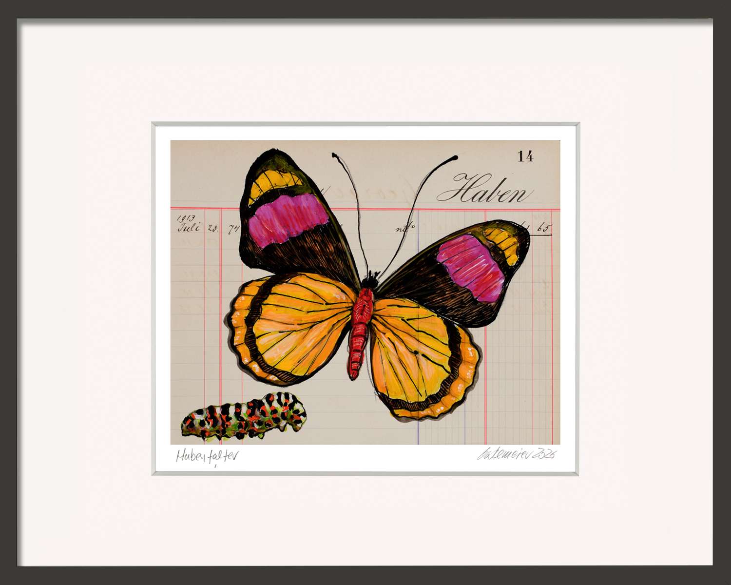 Kunst mit Schmetterling. Habenfalter von Thomas Gatzemeier im Holz-Rahmen schwarz. Ein schöner Falter auf historischem Geschäftspapier.