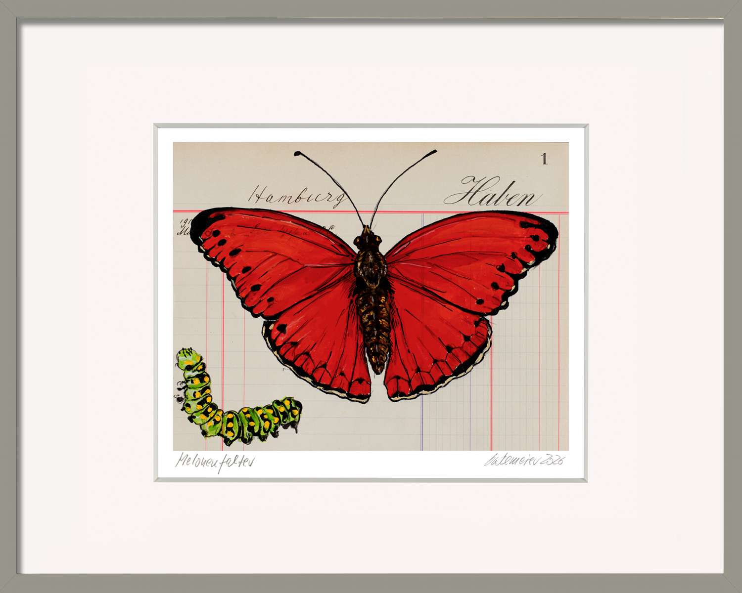 Melonenfalter von Thomas Gatzemeier im dunkelgrauen Holzrahmen mit historischem Kontobuchpapier und rotem Schmetterling.