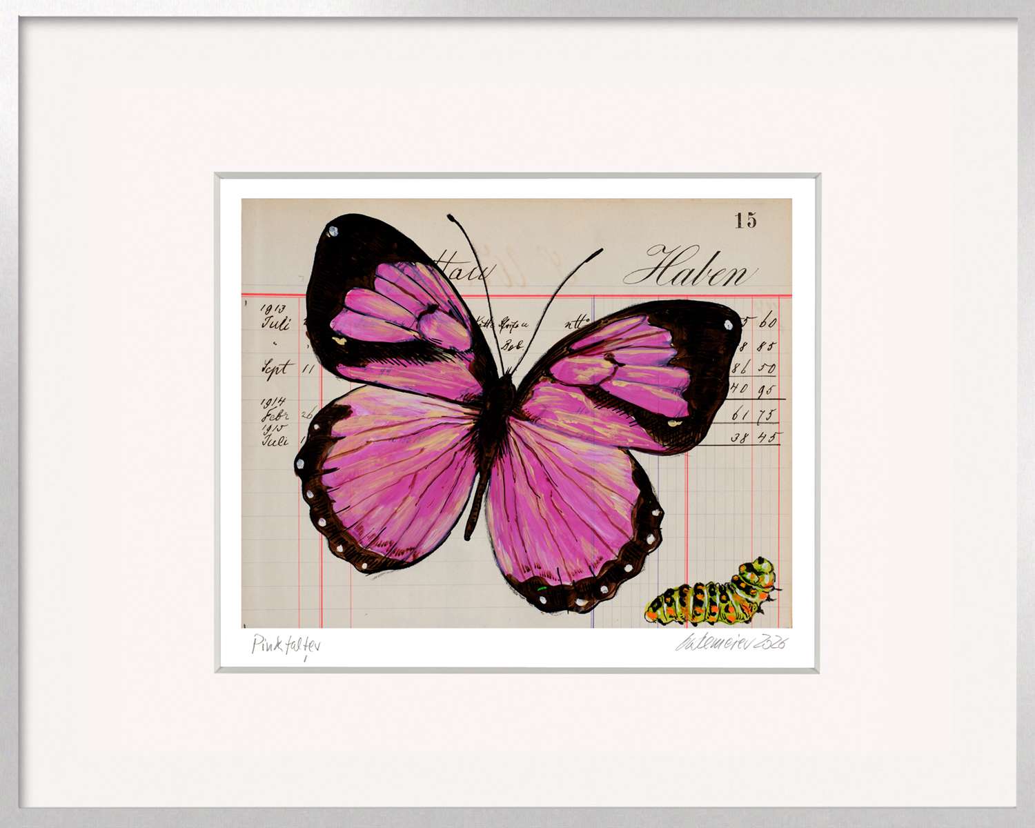Pinkfalter von Thomas Gatzemeier in silbernem Aluminiumrahmen. Rosa Schmetterling auf historischem Papier als kleines Kunstgeschenk.