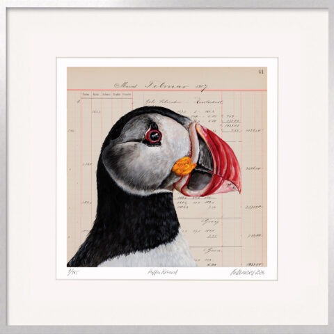 Grafik Puffin Richard von Thomas Gatzemeier. Papageitaucher-Porträt auf historischem Kontobuchpapier im silbernen Aluminiumrahmen.