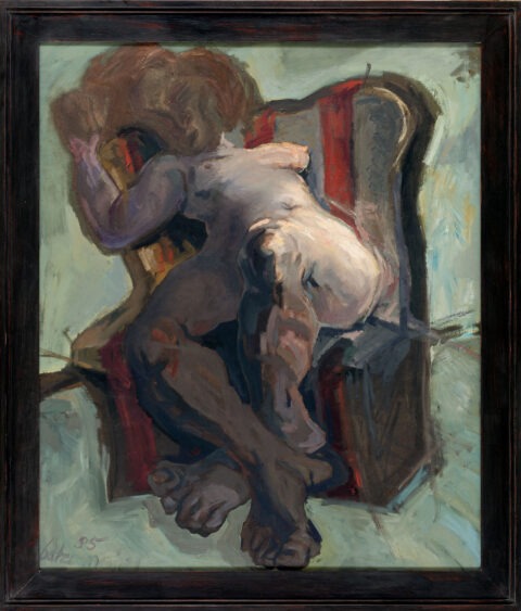 Thomas Gatzemeier – Sitzende, Originalgemälde von 1985, Öl auf Leinwand, 130 × 110 cm, expressive DDR-Kunst der Leipziger Schule