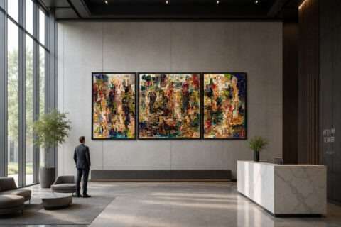 Das Triptychon „Die Argonauten“ von Thomas Gatzemeier hängt in einem modernen Unternehmensfoyer. Eine Person steht davor und verdeutlicht die Größe des Gemäldes.