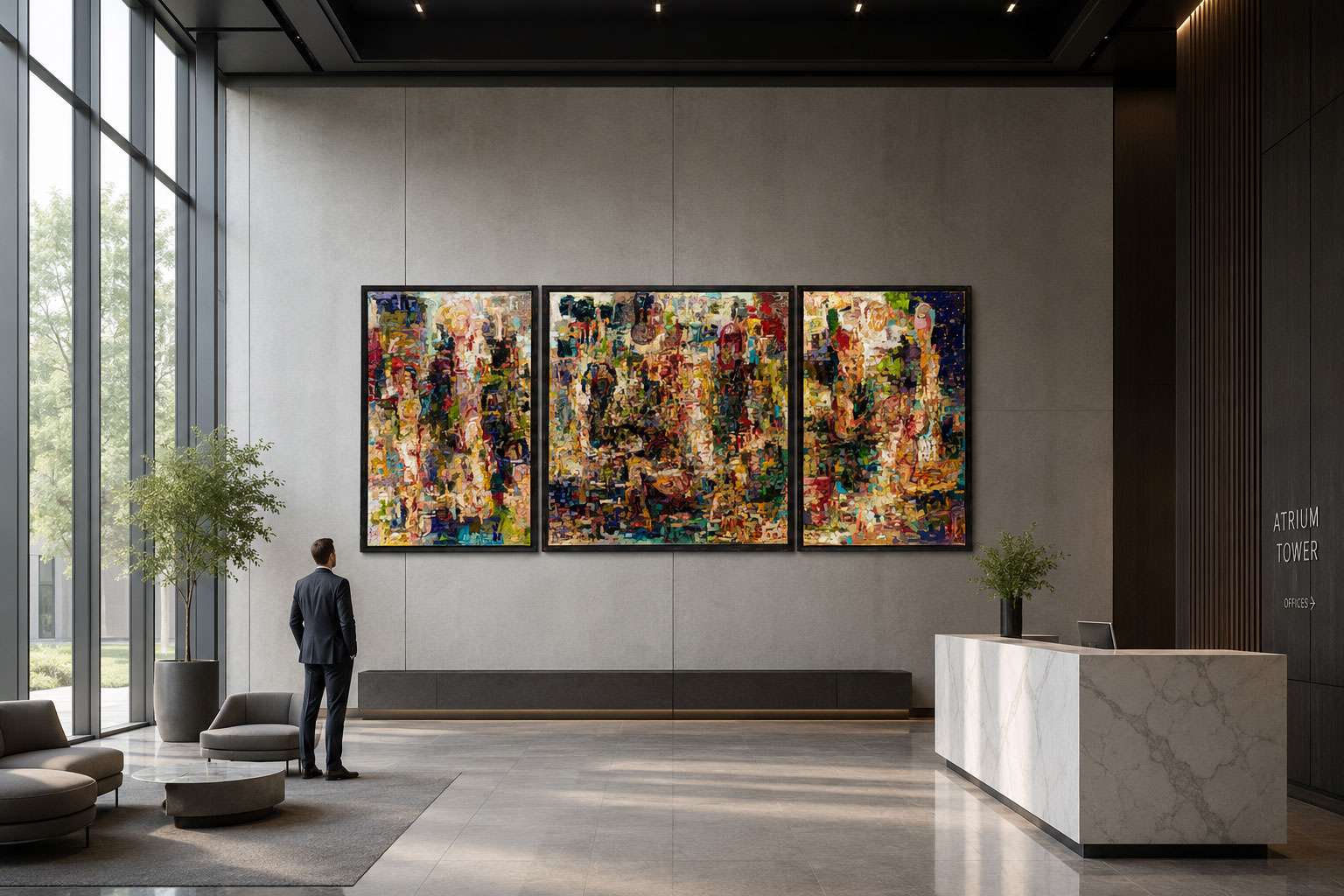 Das Triptychon „Die Argonauten“ von Thomas Gatzemeier hängt in einem modernen Unternehmensfoyer. Eine Person steht davor und verdeutlicht die Größe des Gemäldes.