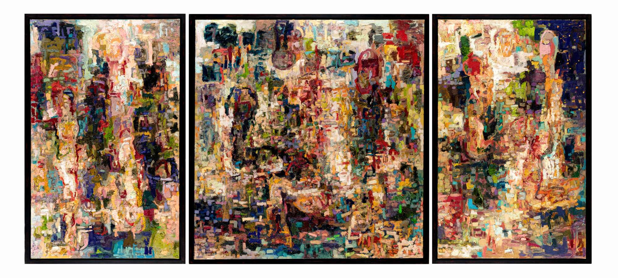 Das Triptychon „Die Argonauten“ von Thomas Gatzemeier zeigt drei großformatige, farbintensive Bildtafeln mit einer expressiven, abstrahierten Figurenkomposition