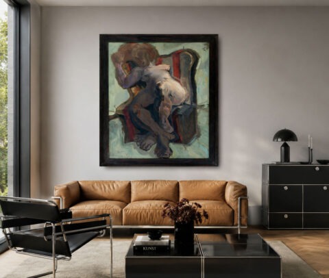 Originalgemälde Sitzende von Thomas Gatzemeier über einem Sofa in modernem Wohnzimmer mit USM Haller Möbeln