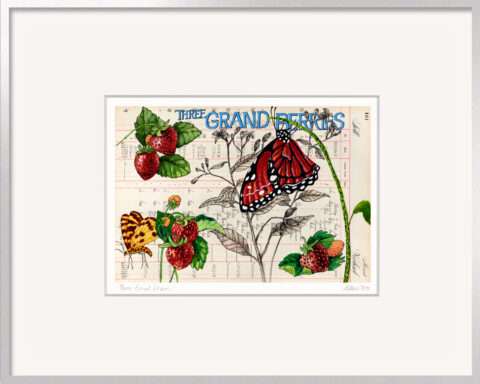 Kleines Kunstgeschenk „Three Grand Berries“ von Thomas Gatzemeier mit roten Erdbeeren, einem rot-schwarzen Schmetterling und einem gelb gemusterten Falter auf historischem Kontobuchpapier im silbernen Aluminiumrahmen.