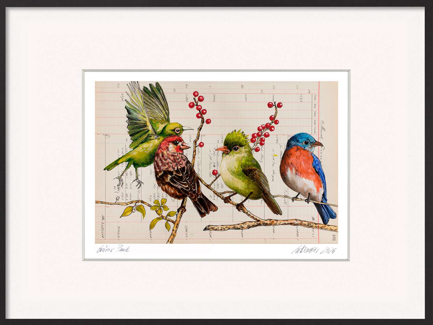 Bunte Vogelgrafik mit grünem Vogel, roten Beeren und historischem Schriftgrund im silbernen Alurahmen