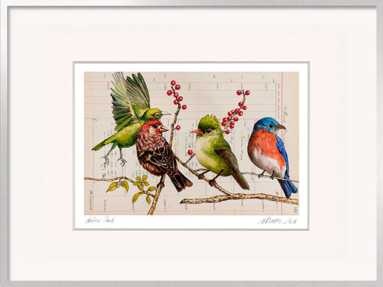 Bunte Vogelgrafik mit grünem Vogel, roten Beeren und historischem Schriftgrund im silbernen Alurahmen